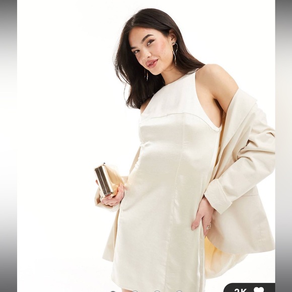 ASOS DESIGN satin racer neck mini dress in oyster - Picture 2 of 7